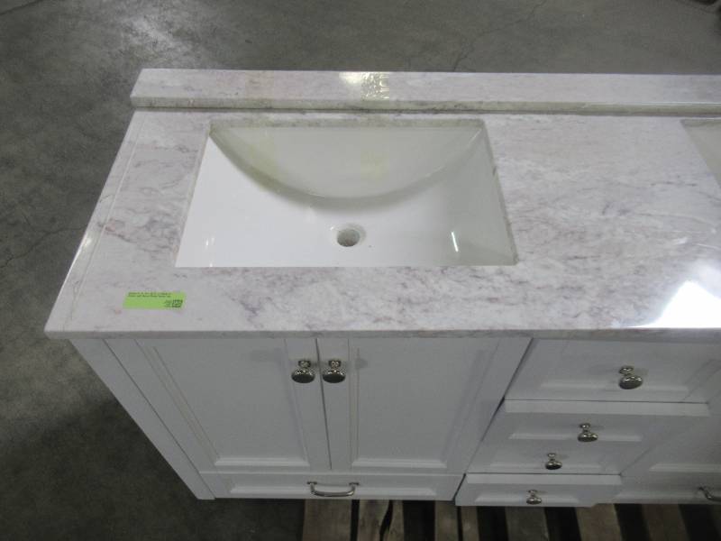 lot 201 image: Home Decorators Collection Claxby 61 in. W x 22 in. D Vanity in Cream with Stone Effects Vanity Top in Winter Mist with White Basin CB60P2WMRCOM-CR