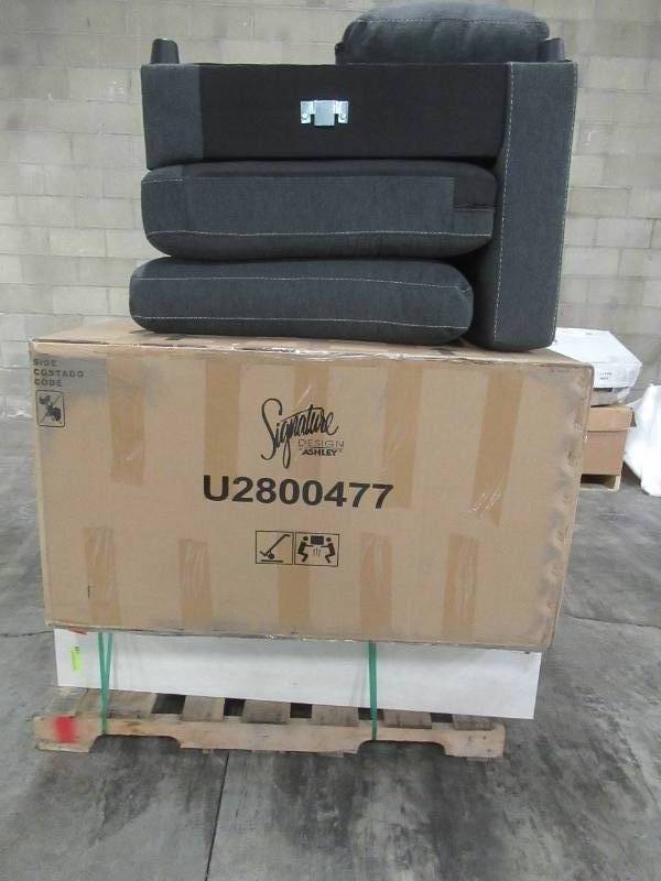 lot 210 image: WHOLESALE MIXED PALLET OF MISCELLANEOUS FURNITURE - SOFA CORNER, CHAIR, AND IR FIREPLACE MANTEL