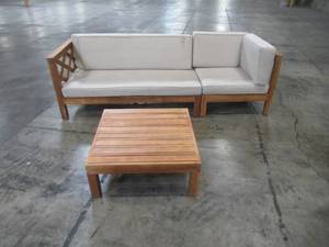 lot 106 image: Hampton Bay Willow Glen Farmhouse Wood Outdoor Patio Sectional Sofa with Teak Finish, Beige Cushions, and Coffee Table 81985