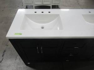 lot 300 image: Home Decorators Collection Sturgess 61 in. W x 22 in. D Bath Vanity in Navy Blue with Marble Vanity Top in White with White Basins 19111-VS61-NB