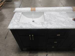 lot 301 image: Home Decorators Collection Sturgess 61 in. W x 22 in. D Bath Vanity in Navy Blue with Marble Vanity Top in Carrara White with White Basins 19111-VS61-NB
