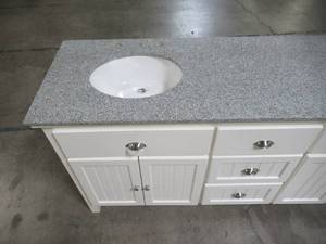 lot 313 image: Home Decorators Collection Ridgemore 71 in. W x 22 in. D Vanity in White with Granite Vanity Top in Grey with White Sinks MD-V1768