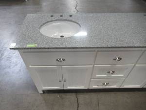lot 324 image: Home Decorators Collection Ridgemore 71 in. W x 22 in. D Vanity in White with Granite Vanity Top in Grey with White Sink MD-V1768