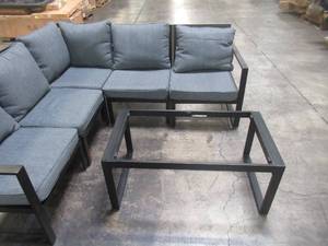 lot 337 image: Hampton Bay Barclay 6-Piece Black Steel Outdoor Patio Sectional Sofa Set with Gray Cushions and Coffee Table