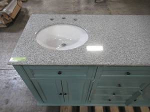 lot 340 image: Home Decorators Collection Hamilton Shutter 61 in. Vanity in Sea Glass with Granite Vanity Top in Grey with White Basin 0567200310