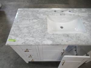 lot 343 image: Home Decorators Collection Sturgess 61 in. W x 22 in. D Bath Vanity in White with Marble Vanity Top in Carrara White with White Basins 19111-VS61-WT