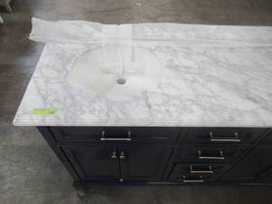 lot 345 image: Home Decorators Collection Windlowe 61 in. W x 22 in. D x 35 in. H Bath Vanity in Navy Blue with Carrara Marble Vanity Top in White with White Sink 15101-VS61C-NB