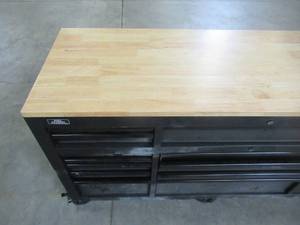 lot 347 image: Husky 72 in. 18-Drawer Mobile Workbench with Adjustable-Height Solid Wood Top in Matte Black HOLC7218BB1MYS