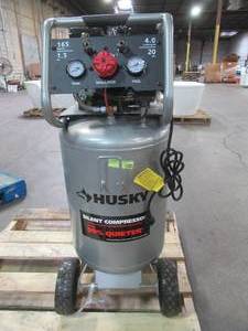 lot 49 image: Husky 20 Gal. Vertical Electric-Powered Silent Air Compressor, 3332013 - Motor Has Major Issues, Leaks Air - For PartsRestore.