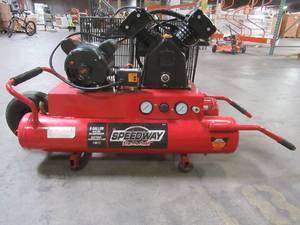 lot 43 image: Speedway 9 Gal. 2 HP Wheelbarrow Design Electric Air Compressor with Run-Flat Tire, 52735 - Wont Start - For partsRestore.
