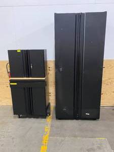 lot 16 image: HUSKY 3-Piece Pro Duty Welded Steel Garage Storage System in Black LINE-X Coating (64 in. W x 81 in. H x 24 in. D)
