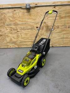 lot 43 image: RYOBI ONE 18V 13 in. Cordless Battery Walk Behind Push Lawn Mower with 4.0 Ah Battery and Charger