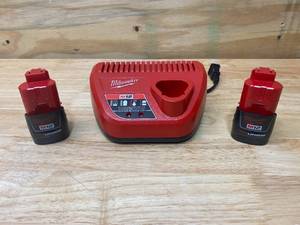 lot 20 image: MILWAUKEE M12 12-Volt Lithium-Ion Battery Charger with 2- M12 12-Volt Lithium-Ion Compact Battery Packs (1.5Ah)