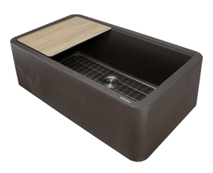 lot 4 image: TRANSOLID SilQgranite Espresso Granite Composite 33 in. Single Bowl Farmhouse Apron Kitchen Sink with Accessories