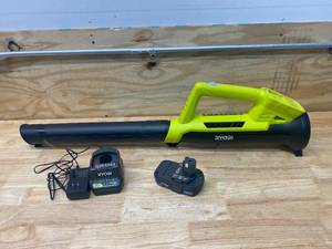lot 105 image: RYOBI ONE 18V 90 MPH 200 CFM Cordless Battery Leaf BlowerSweeper with 2.0 Ah Battery and Charger