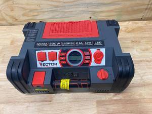 lot 112 image: VECTOR 1200 Peak Amp Portable Car Jump StarterPortable Power Station with 120 PSI Compressor and 500 Watt Power Inverter