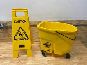 lot 114 image: RUBBERMAID Mop Bucket with Wet Floor Caution Sign