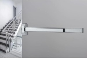 lot 570 image: Universal Hardware Emergency Exit Door Opener  2-716 in. Aluminum Rim Panic Device with Standard Pull and Cylinder - Model UH40010