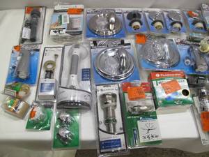 lot 573 image: Box Lot of 25 TubShowerToilet  Replacement Parts - 28 Lbs - Fluidmaster, Danco, Glacier Bay, Etc