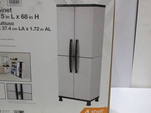 lot 517 image: HDX Plastic Freestanding Garage Cabinet in Gray (35 in. W x 71 in. H x 18 in. D) - Damaged