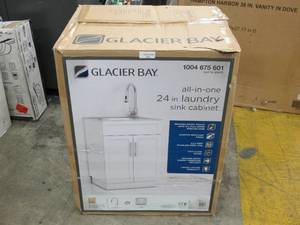 lot 500 image: Glacier Bay All-in-One 24.125 in. x 21.375 in. x 35 in. Stainless Steel Laundry Sink with Faucet and White Storage Cabinet
