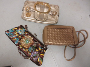 JUICY COUTURE GOLD CLUTCH BAG, GOLD SHOULDER BAG AND CHATEAU SEQUIN EVENING BAG