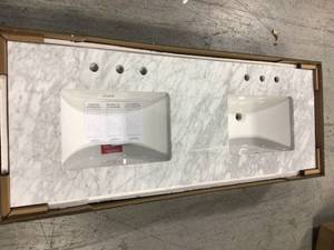 61 in. W x 22 in. D Marble Double Trough Sink Vanity Top in Carrara by Home Decorators Collection