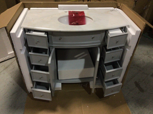 Hampton Harbor 45 in. W x 22 in. D Bath Vanity in Dove Grey with Natural Marble Vanity Top in White by Home Decorators Collection Broken in cornrer Customer Returns See Pictures