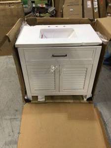 Marksfield 36 in. W x 22 in. D Bath Vanity in White with Cultured Marble Vanity Top in White with White Basin by Home Decorators Collection Customer Returns See Pictures