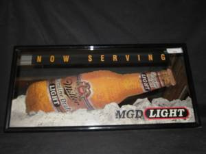 lot 4 image: MILLER MGD LIGHT NOW SERVING MIRROR  BEER SIGN