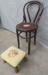lot 56 image: ANTIQUEVINTAGE NEEDLEPOINT PATERN CHAIR AND SMALL STOOL