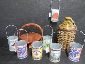 lot 67 image: ANTIQUE FLAGON  7 VINTAGE LOOK CANS  APPLE BASKET
