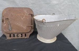 lot 144 image: CAST IRON STOVE DOOR  ASH BUCKET