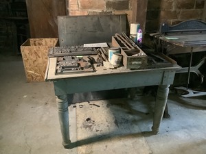 lot 189 image: Antique Wood Table and Printing Items
