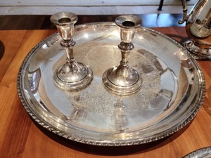lot 55 image: Sterling Silver Candleholders and Silver Plated Servingware