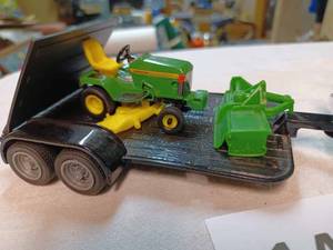 lot 149 image: Ertl John Deere Riding Mower, Rear Tiller with a 1990s Ford Pickup and Tandem Equip. Trailer