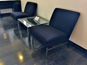 WOW MSRP $5000 FANTASTIC HIGH END DESIGNER JACK CARTWRIGHT KELLY 3 PIECE CONTEMPORARY ENSEMBLE BLACK FABRIC UPHOLSTERED &amp POLISHED CHROME GUEST SEATING &amp GLASS COFFEE TABLE - GREAT CONDITION SEE PDF FOR DETAILS