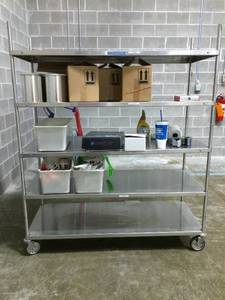 WOW MSRP $3000 Allen Caging Equipment Stainless Steel Adjustable 4 Flat Shelf Storage Rack Wheeled Cart - Great Condition Contents Not Included