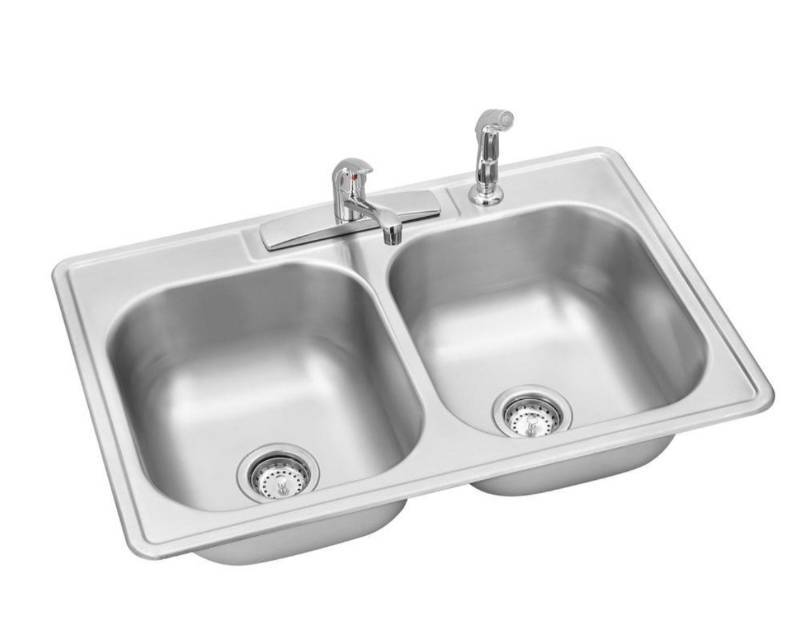 lot 5 image: Elkay Swift Install All-in-One Drop-In Stainless Steel Double Bowl Kitchen Sink Kit w Faucet