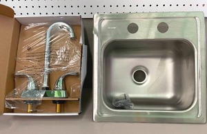 lot 73 image: ELKAY 20 Gauge Stainless Steel 15 in. 2-Hole Drop-in Bar Sink with Faucet. 