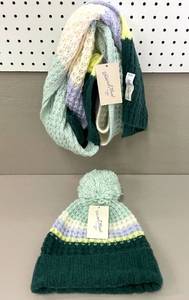 lot 106 image: Womens Winter Knit Scarf and Hat Set.  100% acrylic.  Store Overstock. Unused. 