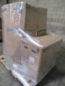 UNTOUCHED WHOLESALE PALLET CONTAINING VANITY CABINET IN WHITE AND ROUND TOILET IN BISCUIT