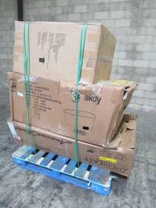 UNTOUCHED WHOLESALE PALLET CONTAINING VANITY CABINET IN GREY, FREESTANDING TUB AND 60 x 30 PRINCETON TUB
