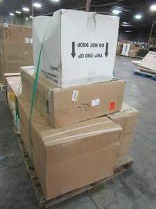 UNTOUCHED WHOLESALE PALLET CONTAINING TALL PANTRY CABINET IN WHITE, SMALL VANITY, MEDICINE CABINET AND UTILITY SINK