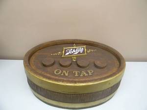 lot 50 image: RARE - NICE - VINTAGE SCHLITZ BEER ON TAP 4 TAP HANDLE BARREL MOUNTING DISPLAY - AWESOME, GREAT PIECE - ALL PARTS INCLUDED - APPROX 25 BY 18 - SEE PICTURES