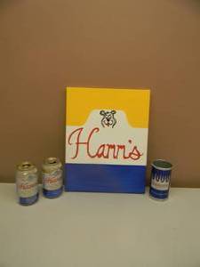 lot 62 image: VINTAGE HAND PAINTED HAMMS BEER BEAR SIGN WITH FIRST RUN ALUMINUM CANS - SEE PICTURES