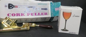 lot 27 image: WALL MOUNTED CORK PULLER AND 2 DOMINO LUMINARC WINE GLASSES