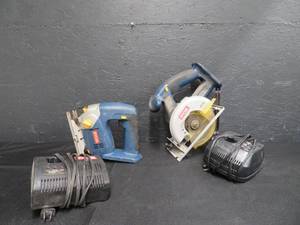 lot 75 image: CIRCULAR SAW  JIGSAW BY RYOBI AND TWO CHARGERS