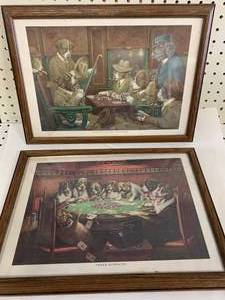 lot 96 image: Lot of 2 Dogs Playing Poker Framed Pictures Approx 12X 17