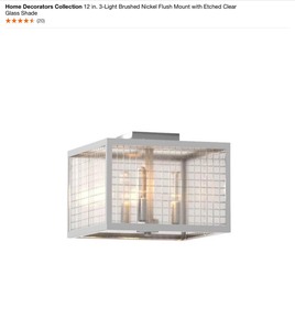 Home Decorators Collection 12 in. 3-Light Brushed Nickel Flush Mount with Etched Clear Glass Shade. See Pictures